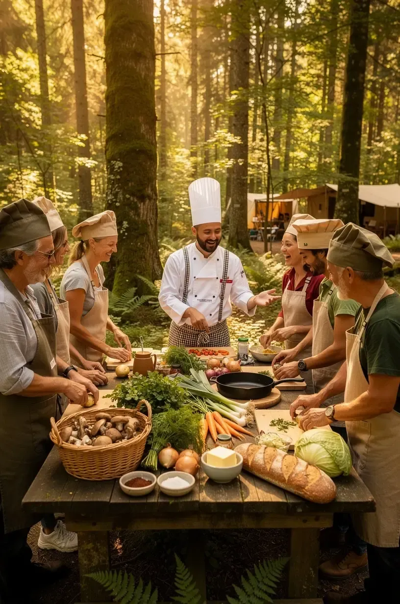 Einladende Holzhütte im Wald, die als Rückzugsort für Teilnehmer von Offline-Buchungsprogrammen dient.